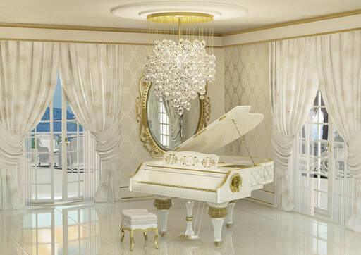 Lidia Bersani / Luxury Interior - white elegance piano decorated with golden roses, and golden elements, high glossy finished, murano legs,  keyboard finished ivory and gold