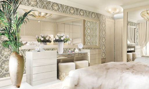 Lidia Bersani / Luxury Interior - modern bedroom, commode with big mirror and round poufs, white fox plaid on the bed,    