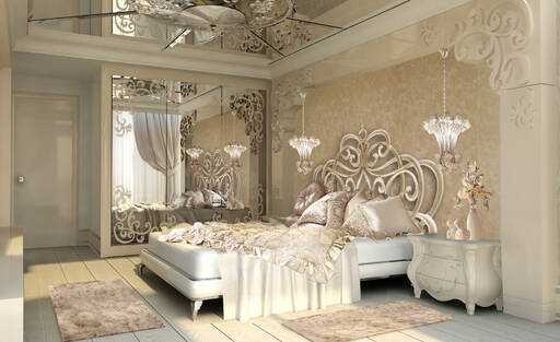 Lidia Bersani / Luxury Interior Design - romantic bedroom, ivory wardrobe with painted mirror on the sliding doors, ceiling with gold painted mirror, cream color bed, ivory paneling on the walls  