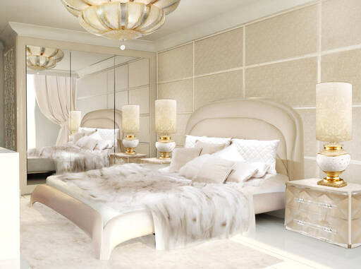 Lidia Bersani / Luxury Interior Design, modern bedroom, silk paneling on the wall, leather cream color bed, fox plaid, golden and white table lamps decorated with Swarovski , Golden ceiling lamp, furs carpet 