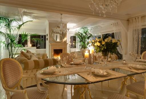Lidia Bersani - Luxury Classic Interior, Dining room with glass white oval table and marble fireplace