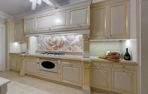 Lidia Bersani - Luxury Classic Interior, White and gold Classic kitchen with roses mosaic panel on the wall