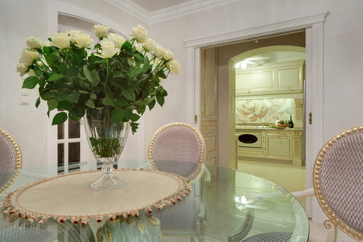 Lidia Bersani - Luxury Classic Interior,  White and gold Classic kitchen with of roses mosaic panel on the wall