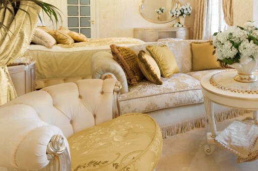 Lidia Bersani - Luxury Classic Interior, cream and gold furniture, comfortable sofa and armchairs, silk cushions, jacquard curtains 