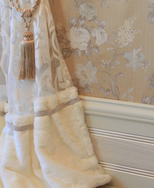 Elegant curtains decorated with rabbit fur and pearls, Lidia Bersani