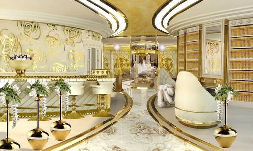 Lidia Bersani / La Belle - Luxury Mega Yacht, Library with golden fireplace