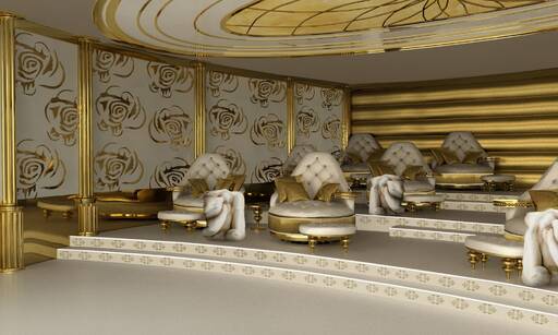 La Belle - Luxury Mega Yacht, cinema - Theater, comfortable big  armchairs finished in silk velvet with gold leather