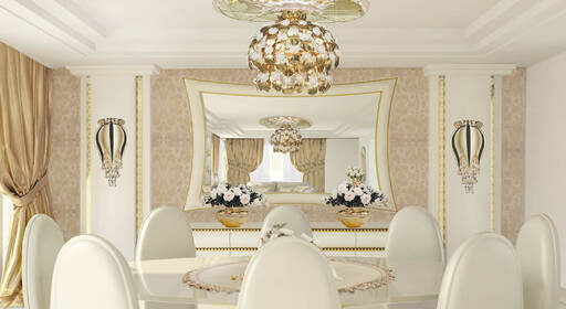 Lidia Bersani / Luxury Interior Design - white and golden mirror, white commode with Swarovski, modern white pilasters, golden wall lamps 