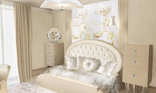 Lidia Bersani / Luxury Interior Design - ivory, luxury, modern bed for young girls, ivory velvet and leather finished, fur
