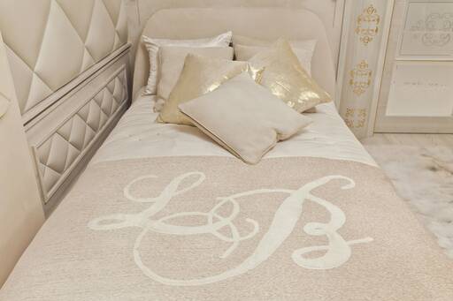 Lidia Bersani / Luxury Interior - Limited white bedcover with Swarovski crystals, with leather cushions - golden and cream 