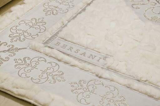 LUXURY BERSANI HOME COLLECTION - Luxury rug / carpet, hand-made, natural fur and leather off white color with Swarovski crystals 