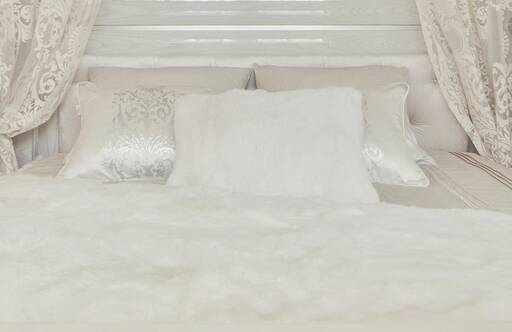 LUXURY BERSANI HOME COLLECTION ?  luxury bedcover with cushions made from excellent quality off-white velvet, and natural furs, with Swarovski crystals decoration. Baldachin with cream curatins