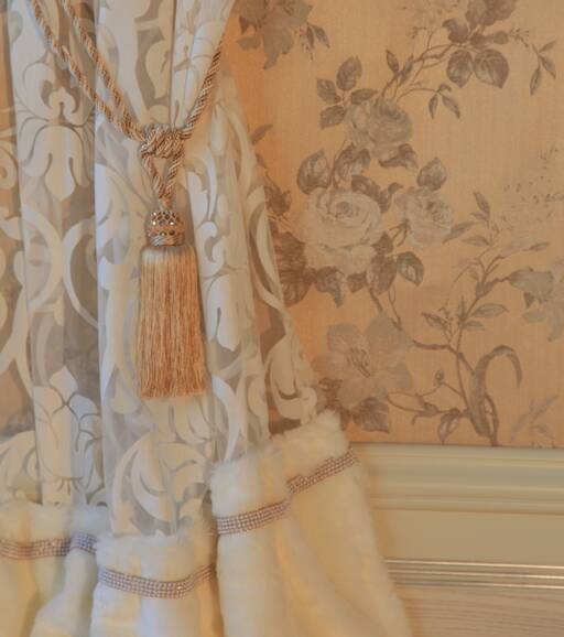 Elegant curtains decorated with rabbit fur and pearls, Lidia Bersani
